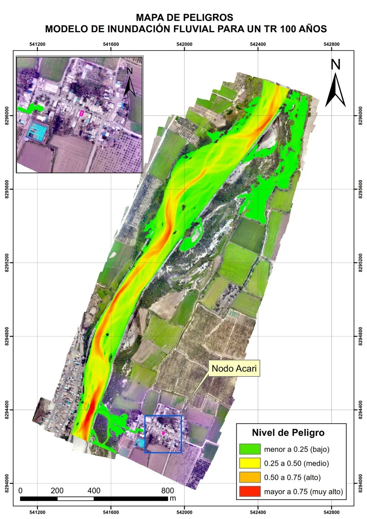 Mapa de peligros por modelo de inundación fluvial para un periodo de retorno de 100 años