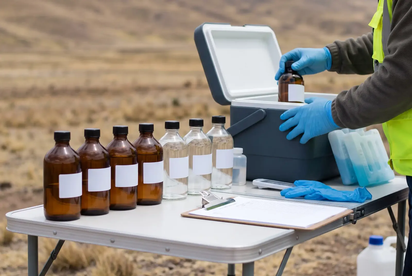 Frascos de muestra etiquetados y cadena de custodia sobre una mesa de campo
