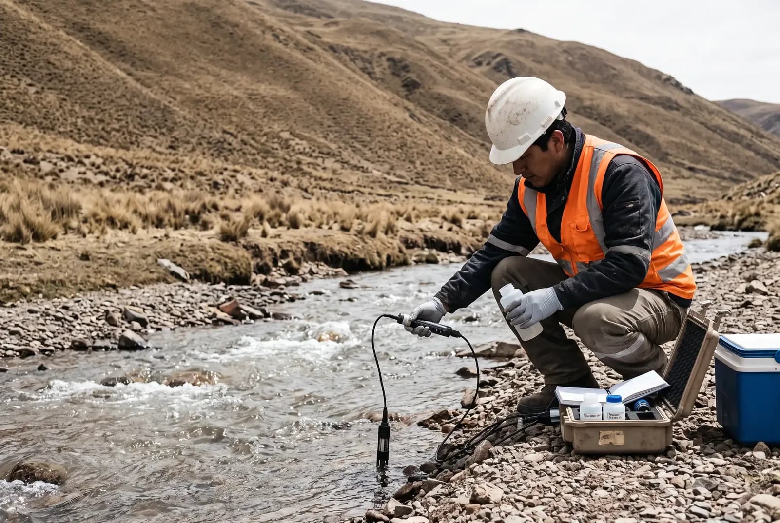 Técnico tomando una muestra de agua de un río altoandino con sonda multiparámetro