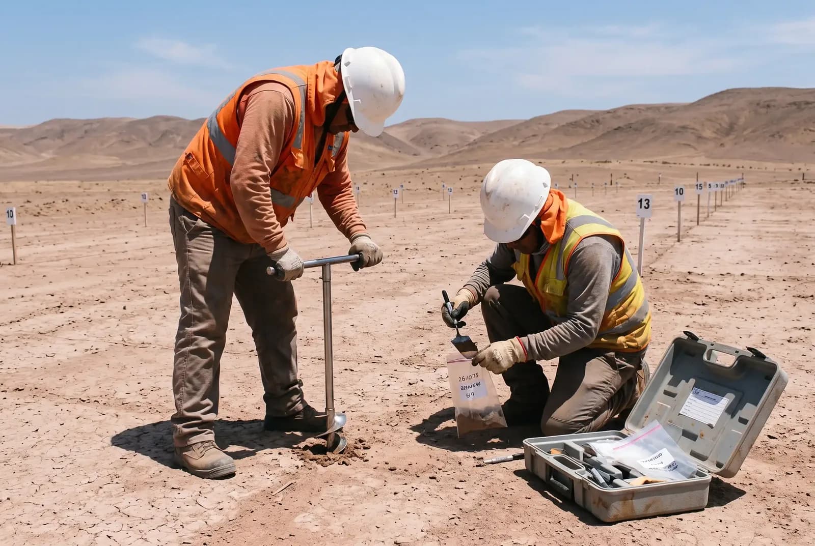 Dos técnicos extrayendo una muestra de suelo con barreno manual en una parcela desértica
